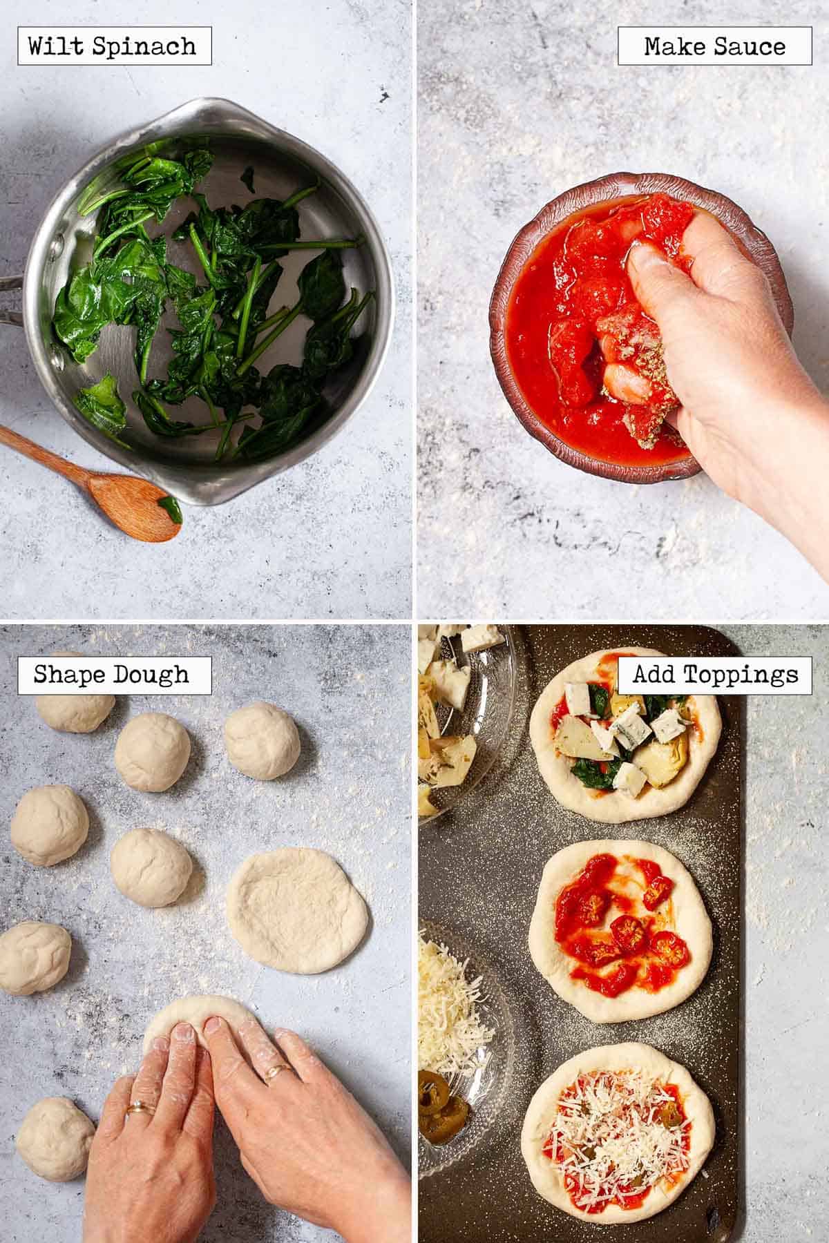 Collage of images showing toppings and pizzette being made