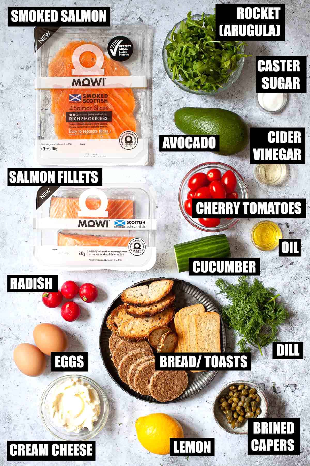 Ingredients for a fish based sharing board with text overlay