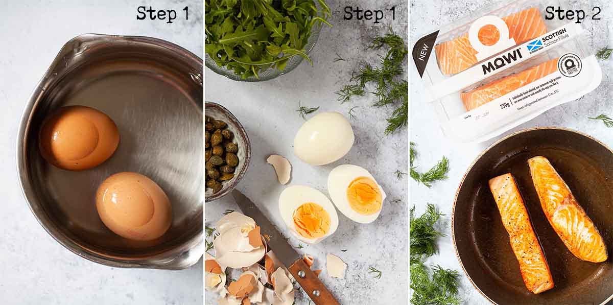 Collage of images showing hard boiled eggs and cooked fish