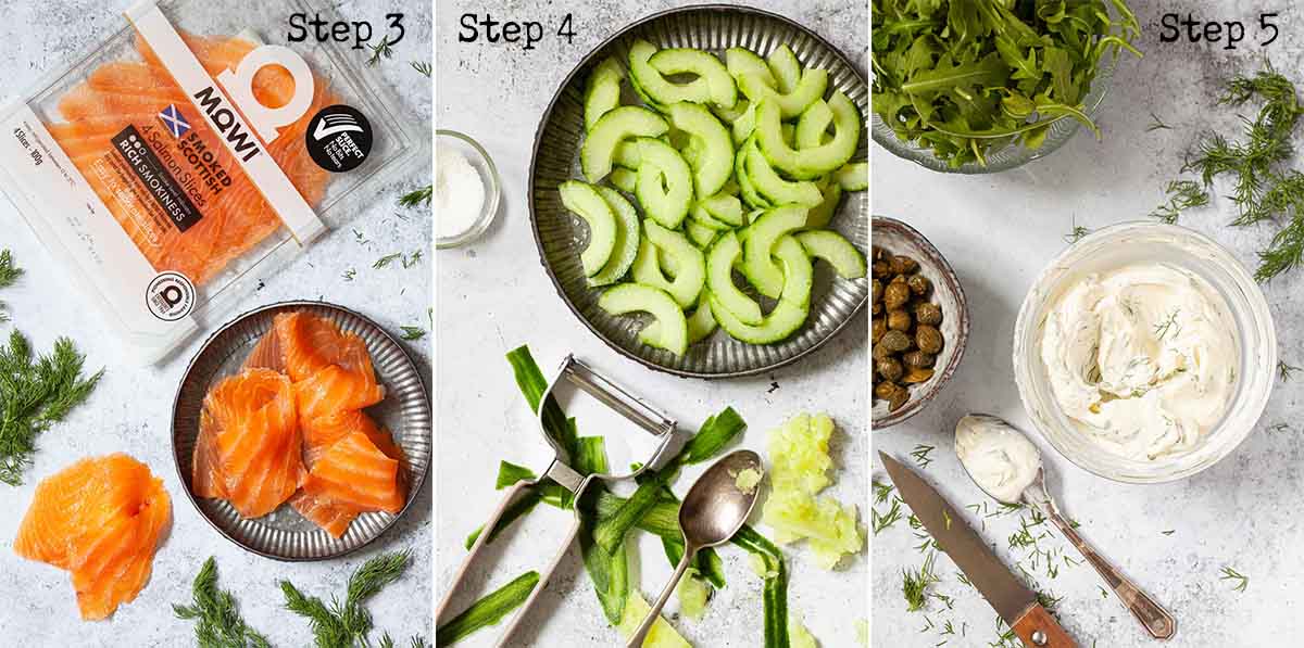 Collage of images showing preparations for a salmon breakfast