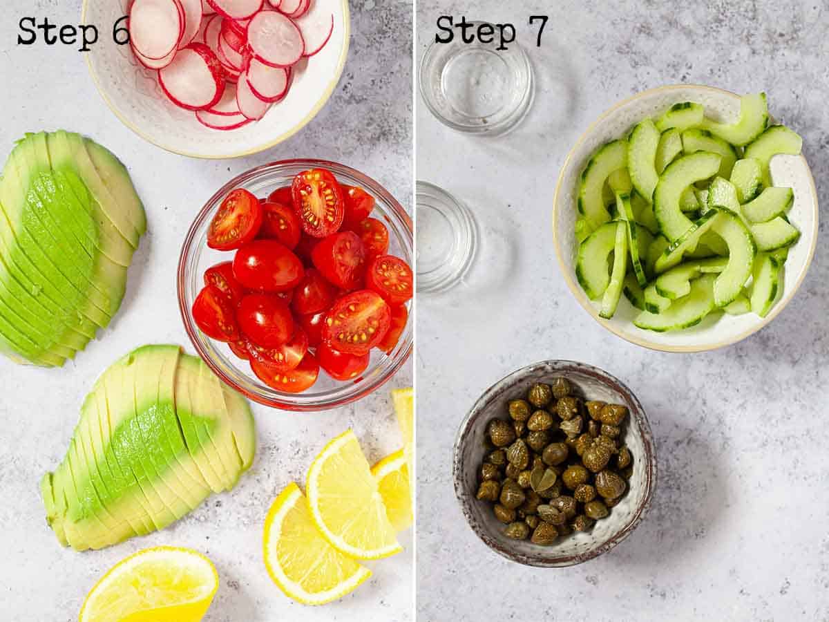 Collage of images showing vegetables chopped