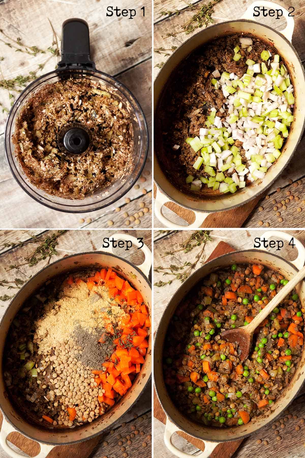 Collage of images showing a vegetarian stew being made