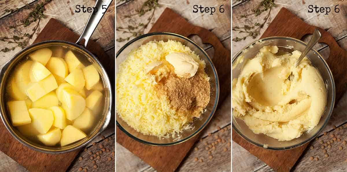 Collage of images showing vegan mashed potato being made