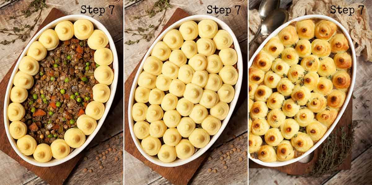 Collage of images showing mashed potato being piped onto a dish and baked