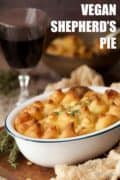 Vegan shepherd's pie with text overlay