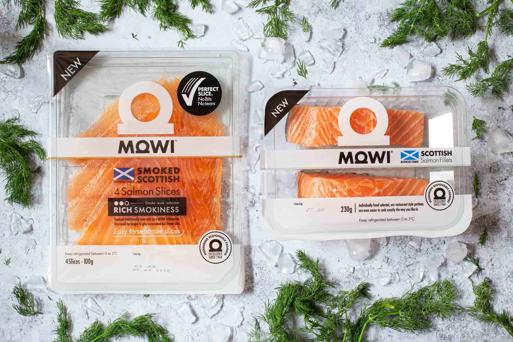 Raw salmon fillets and smoked salmon in packaging