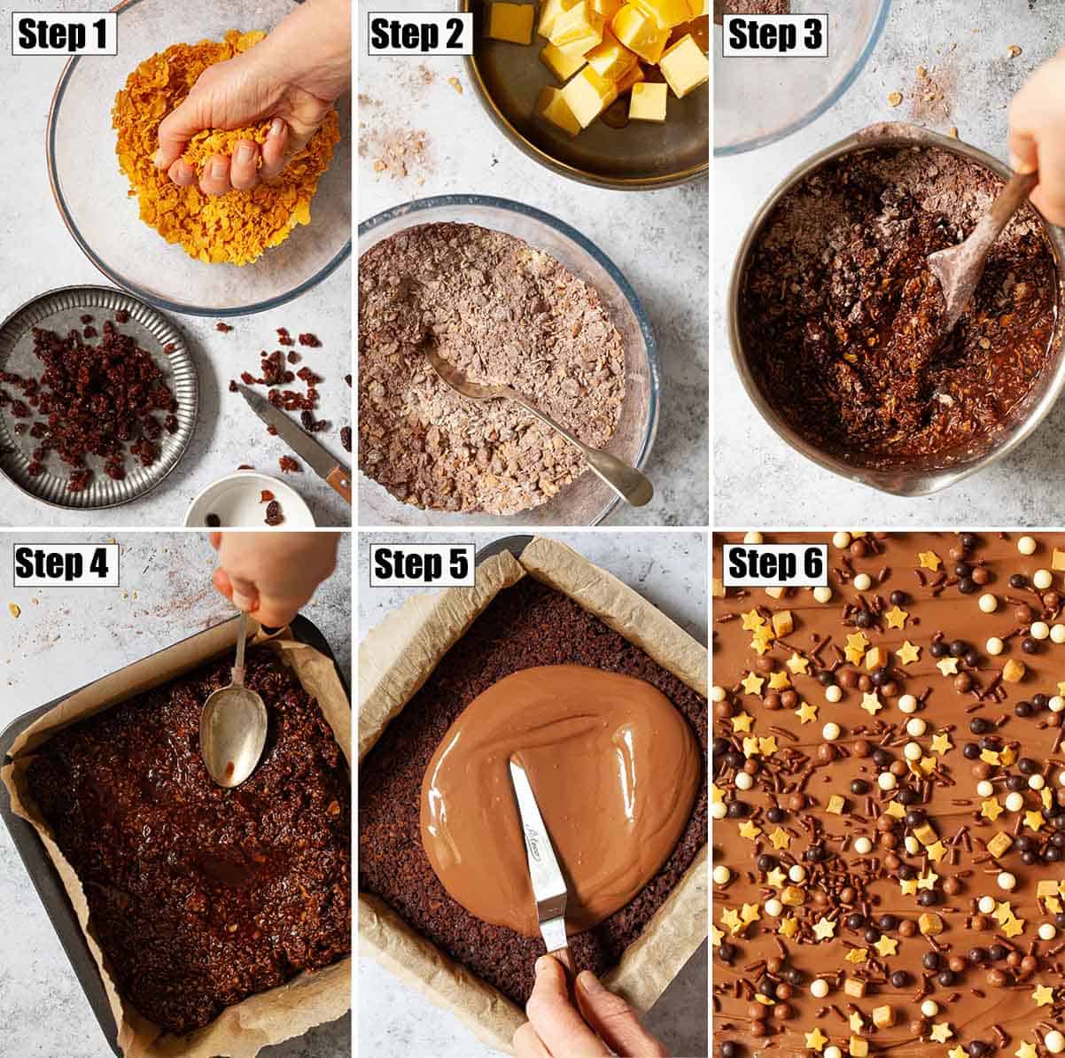 Collage of images showing coconut chocolate slices being made