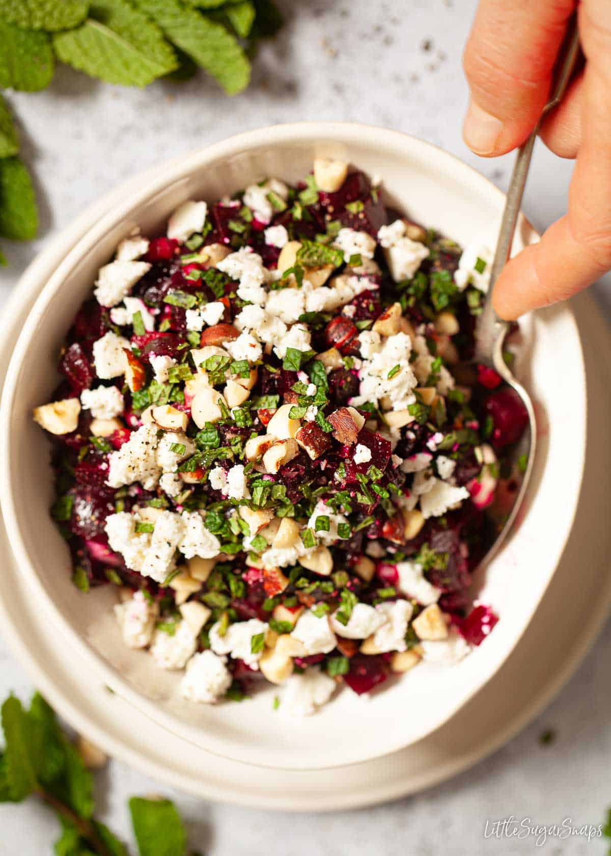 Person serving a beetroot salad with feta and mint