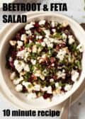 A bowl of chopped beetroot, feta cheese and mint salad with text overlay