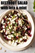 mixed beetroot salad featuring cubed beets, crumbled feta, chopped mint and chopped nuts. with text overlay