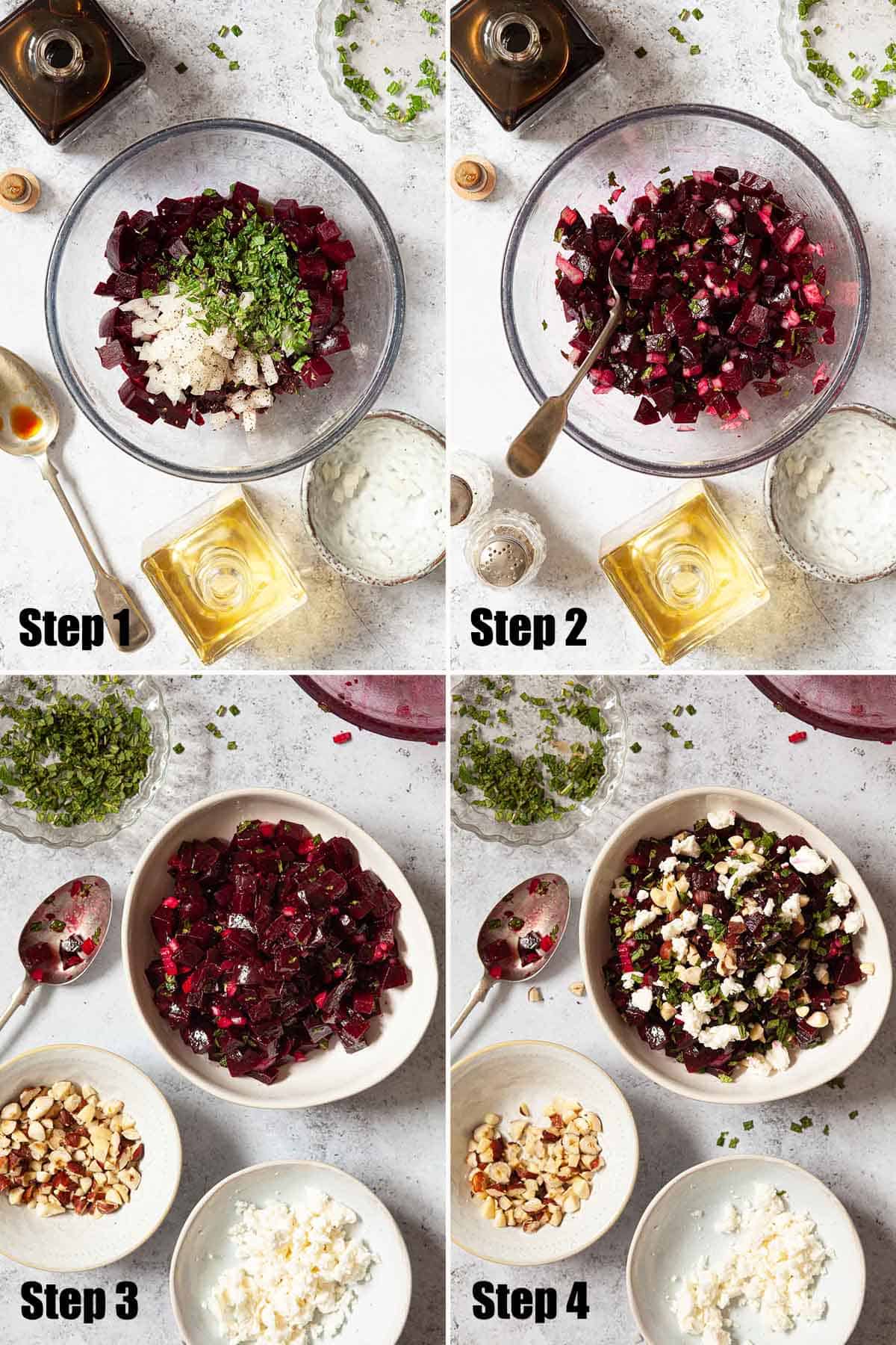 Collage of images showing Beetroot Salad with Feta being made