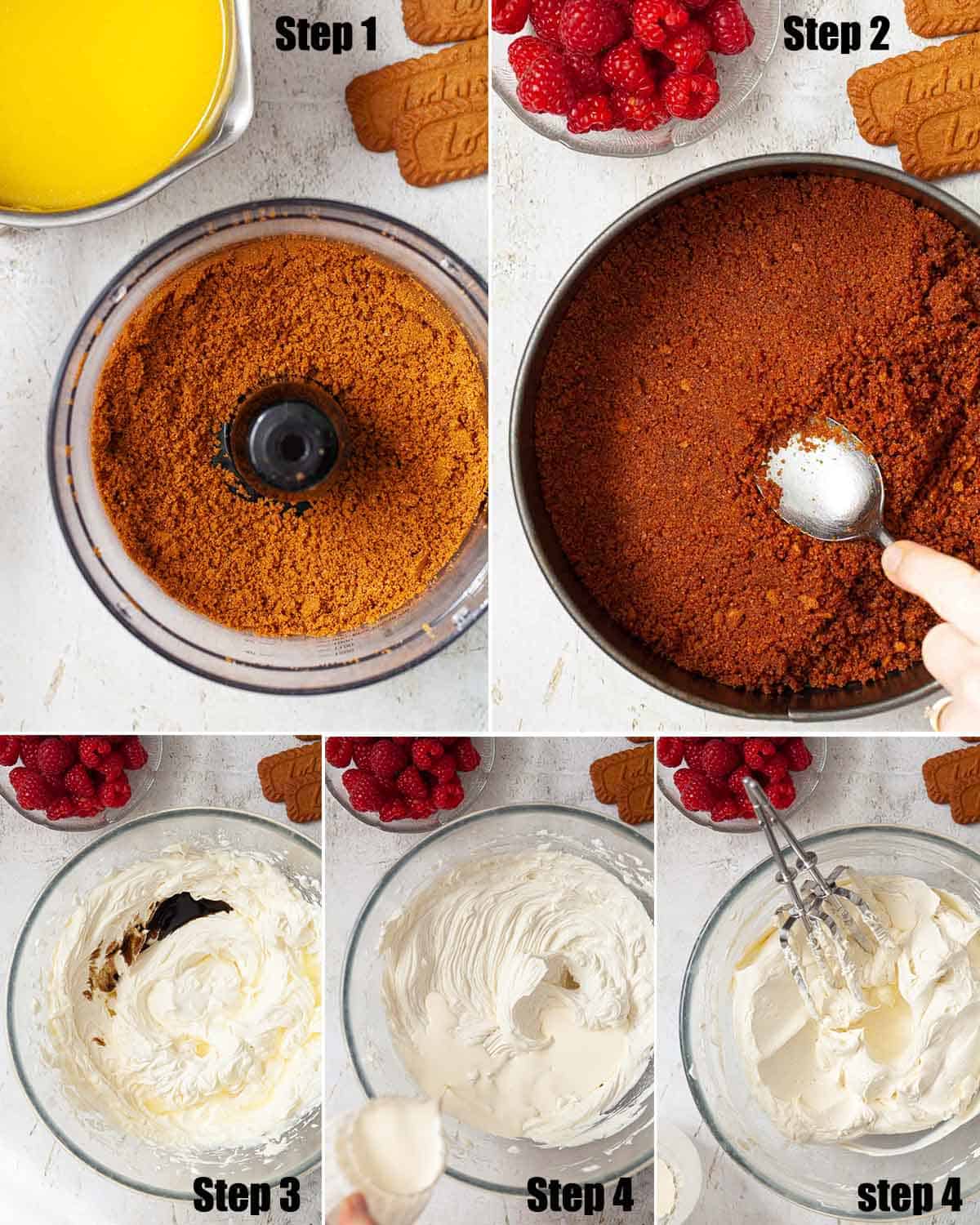 Collage of images showing a no bake speculoos cheesecake being made