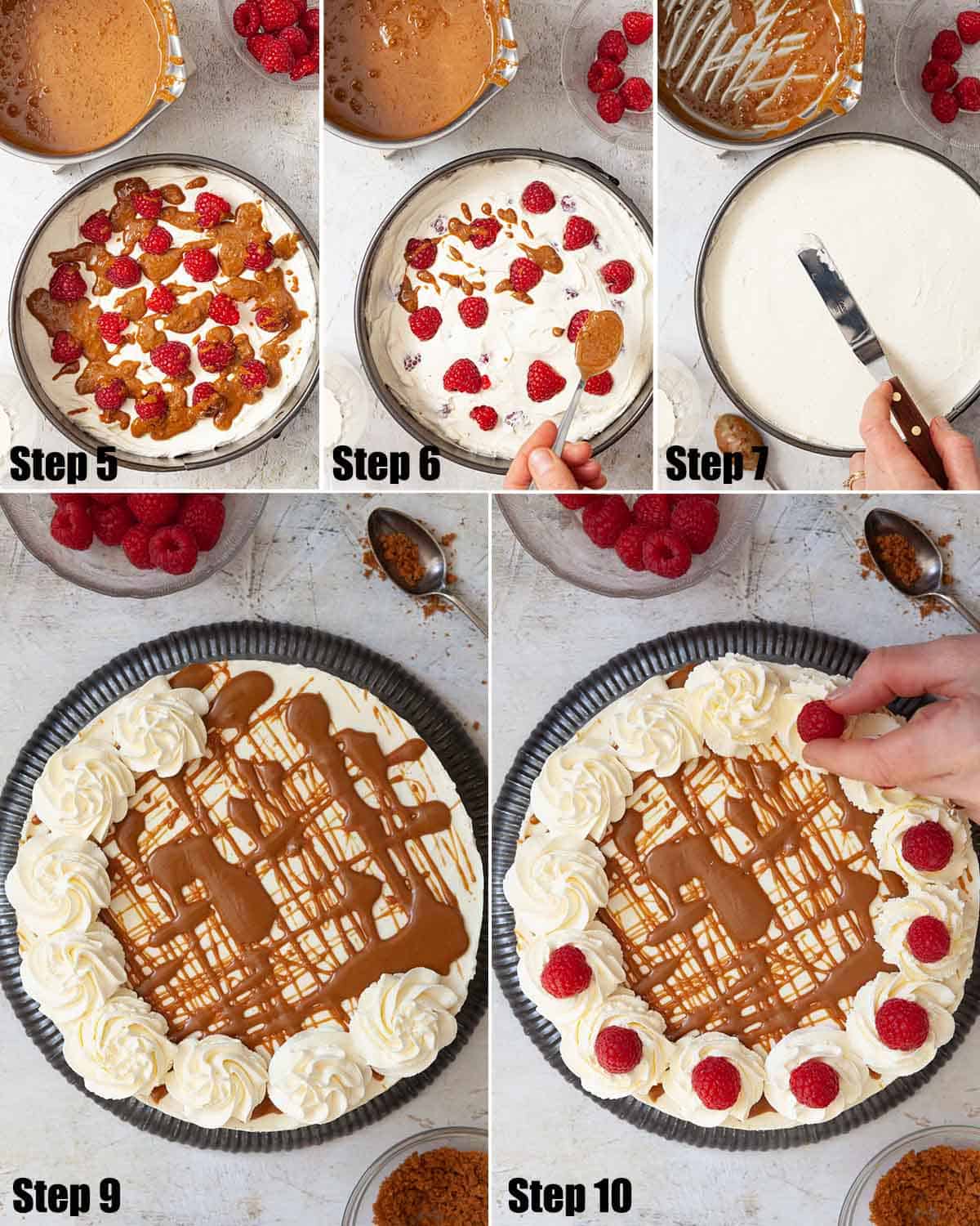 Collage of images showing a no-bake dessert being assembled and decorated