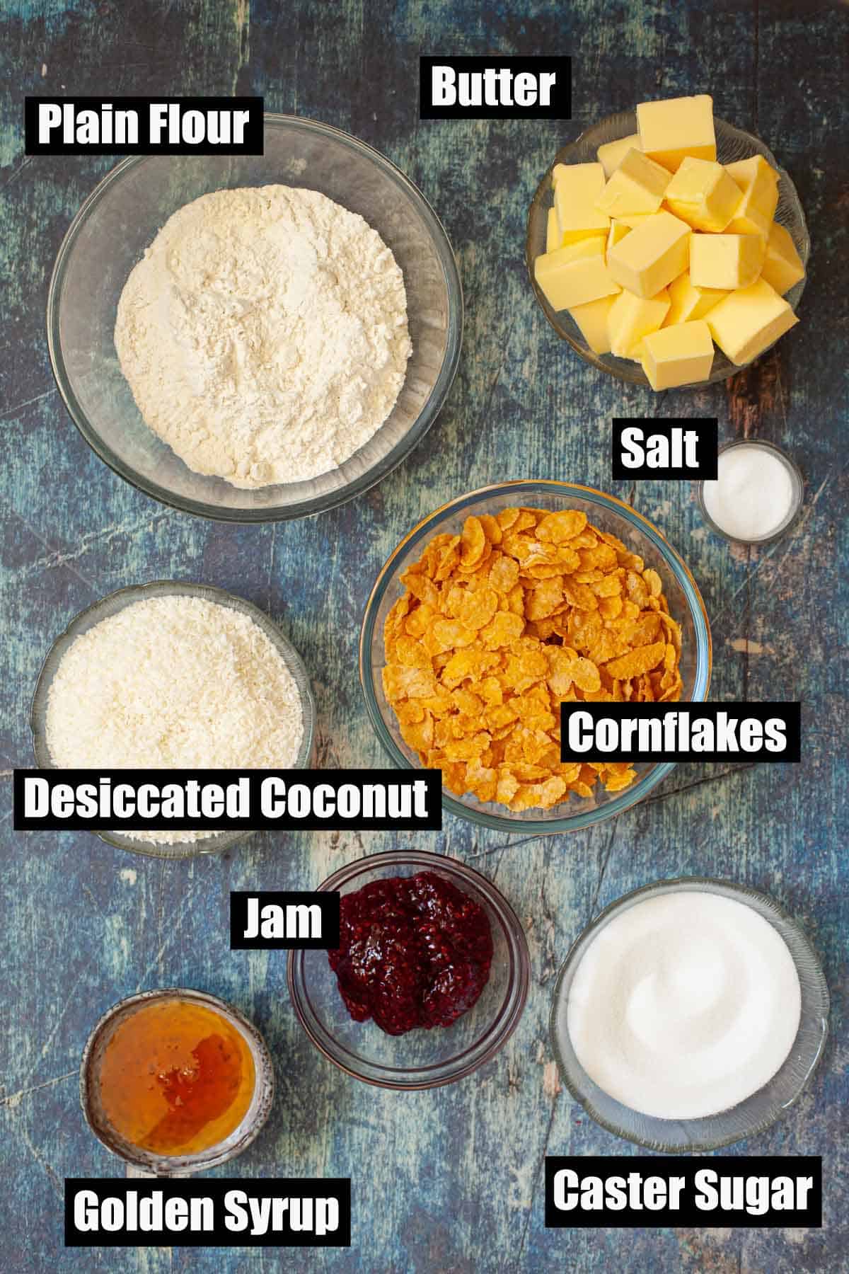 Ingredients for cornflake slices with test overlay