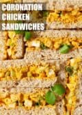 Coronation chicken sandwiches with text overlay