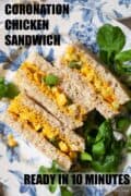 Coronation chicken sandwiches with text overlay