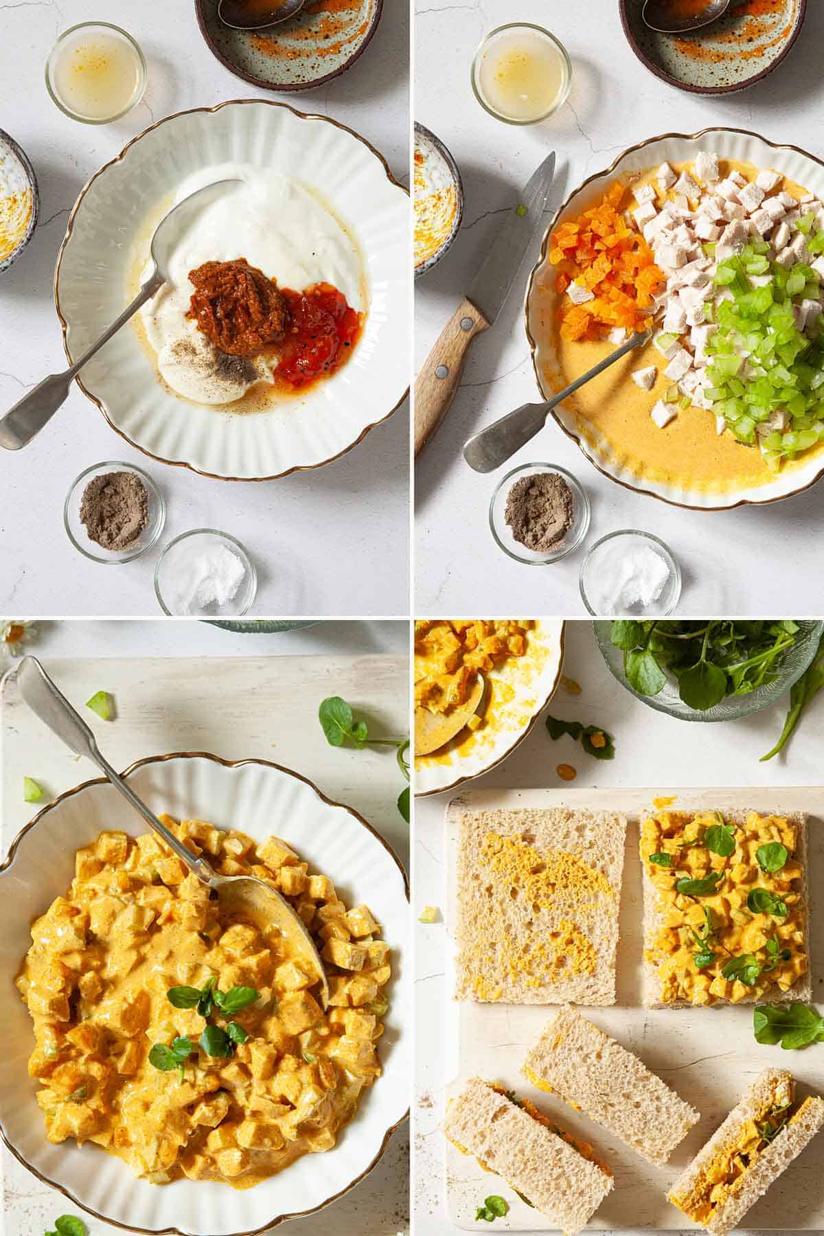 Collage of image showing coronation chicken sandwiches being made