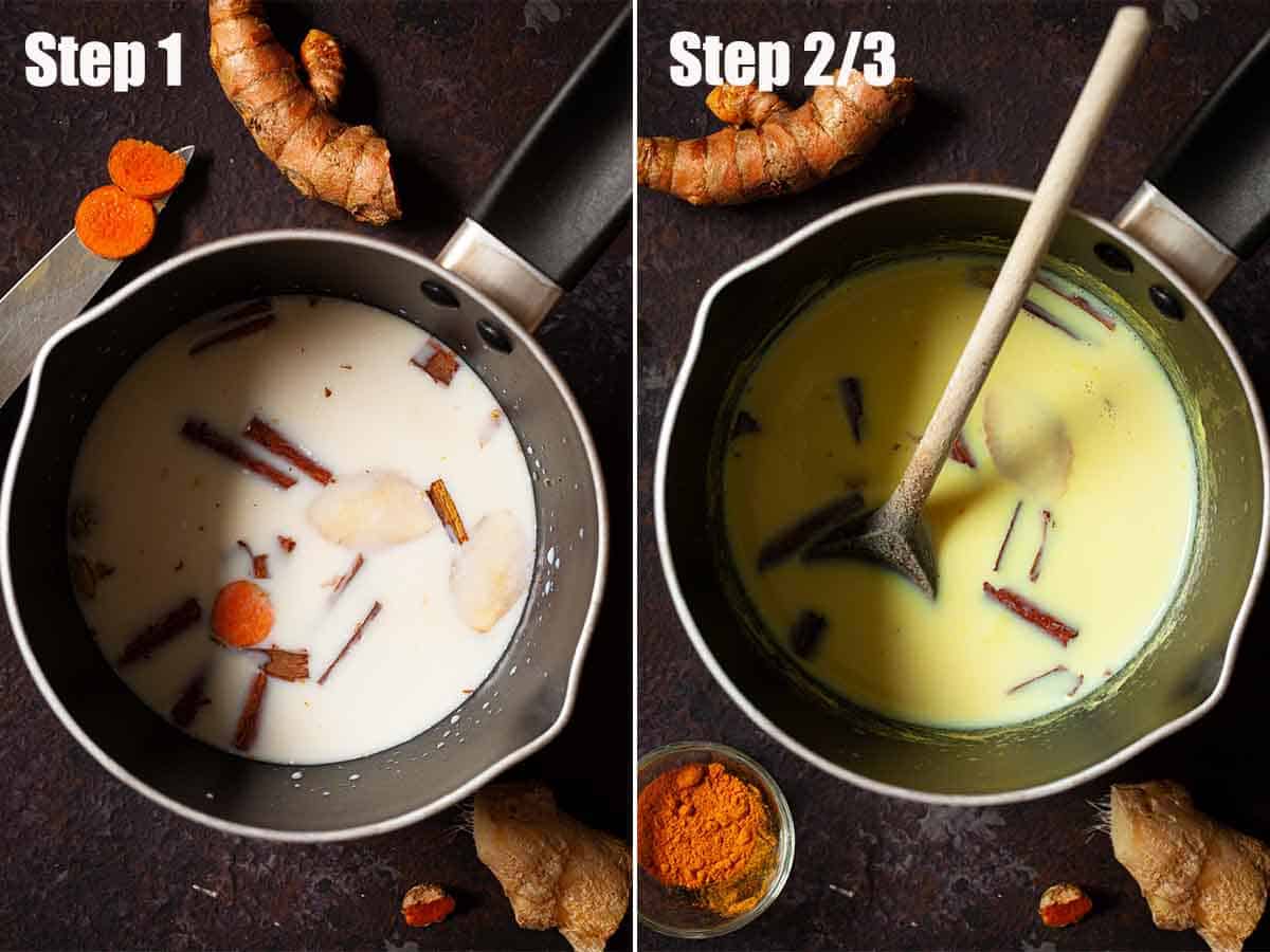 Collage of images showing spices infusing for haldi doodh