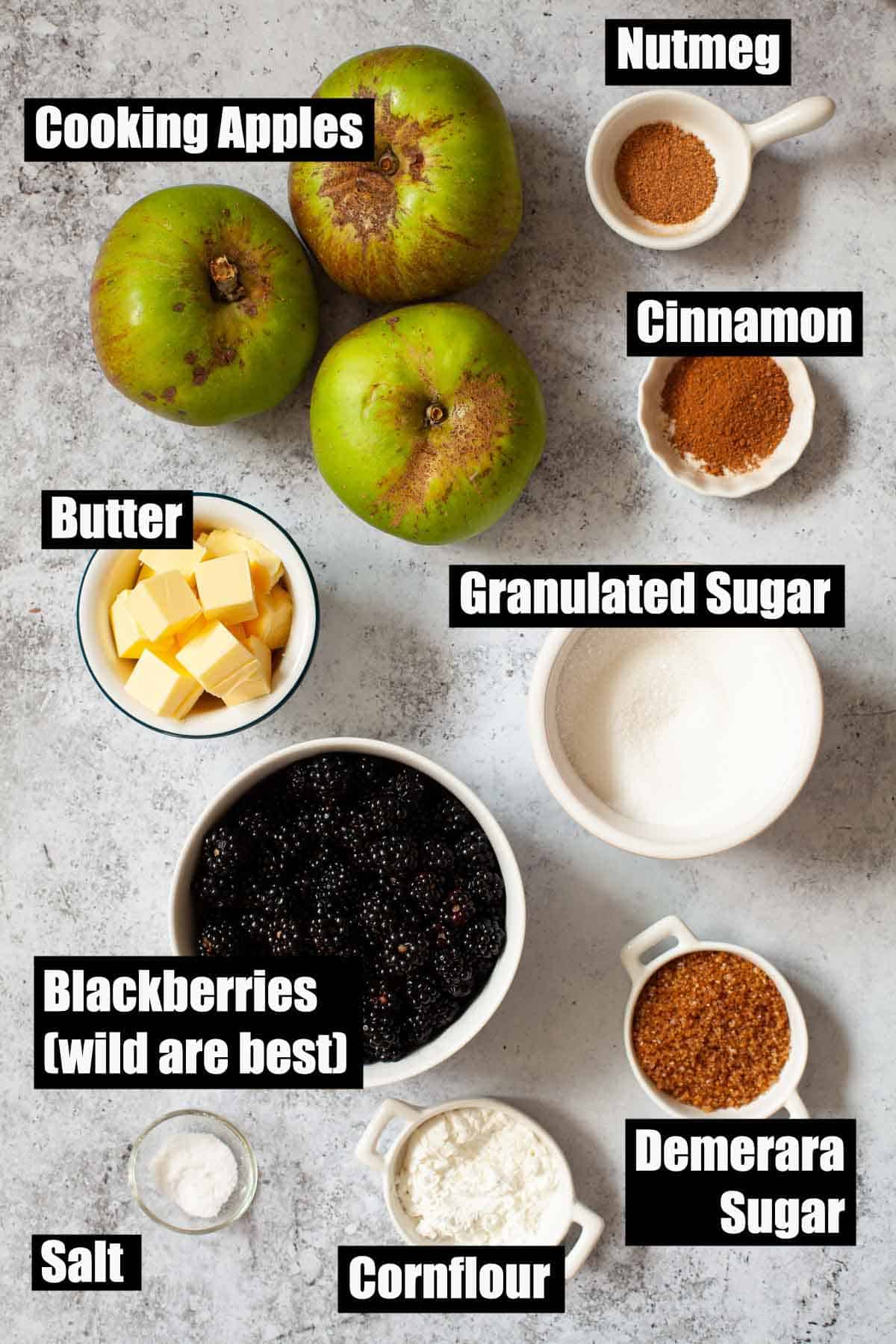 Ingredients for a fruit crisp with text overlay