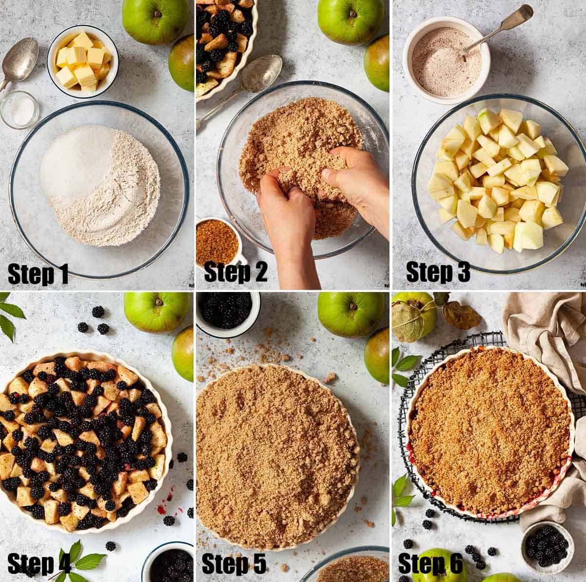 collage of images showing how to make a fruit crisp