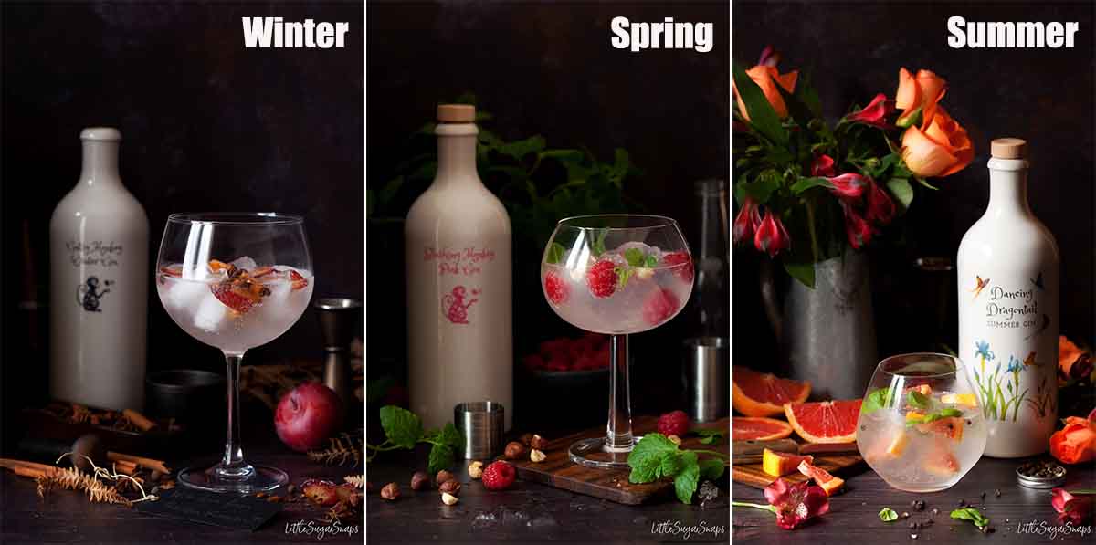 Collage of images showing three different Gin and Tonic drinks with bottles of gin