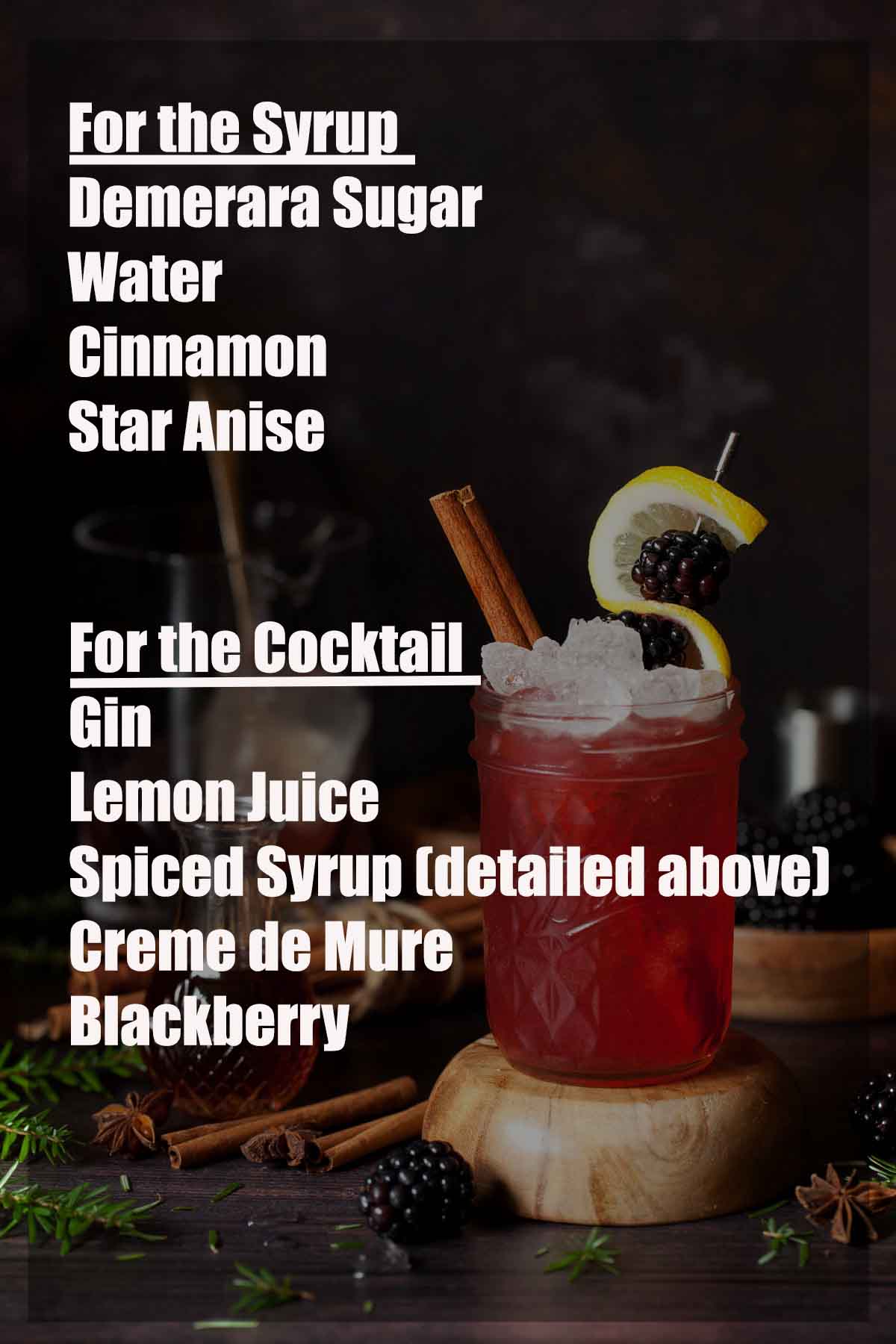 Ingredients for a winter bramble cocktail with text overlay