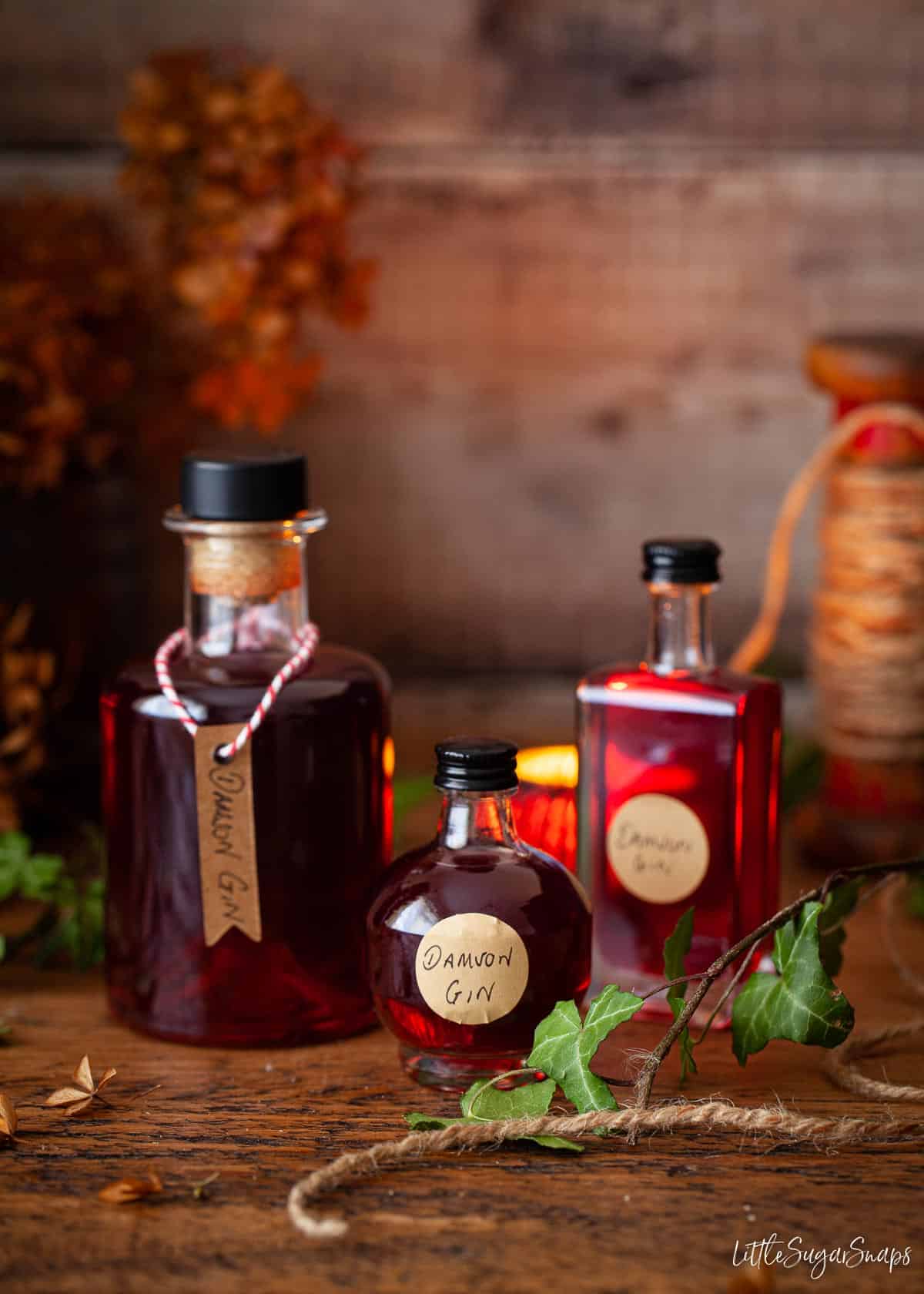 Bottles of various sizes filled with damson gin liqueur with labels attached for gifting.