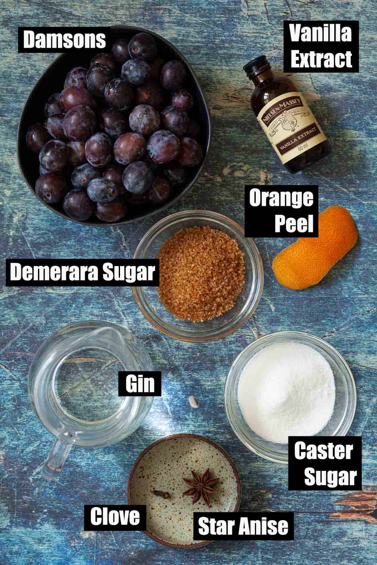 Ingredients with text overlay for a homemade fruit liqueur