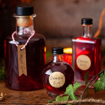 Bottles of various sizes filled with damson gin liqueur with labels attached for gifting.