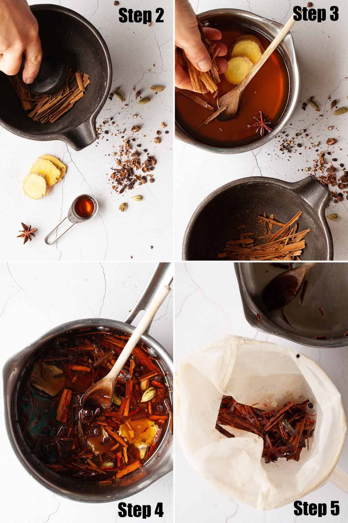 Collage of images showing chai spice syrup being made