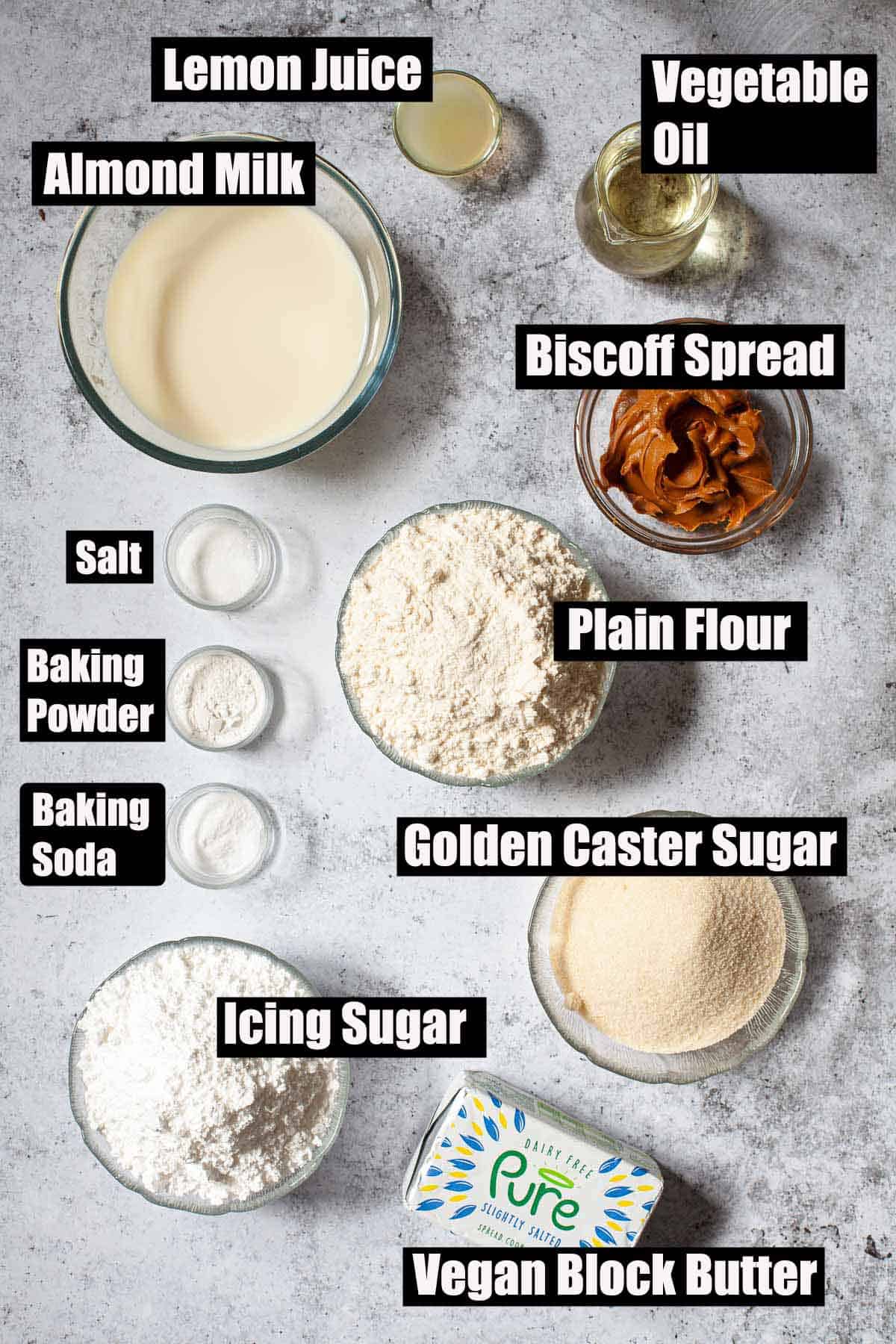 Ingredients for a cookie butter cake with text overlay