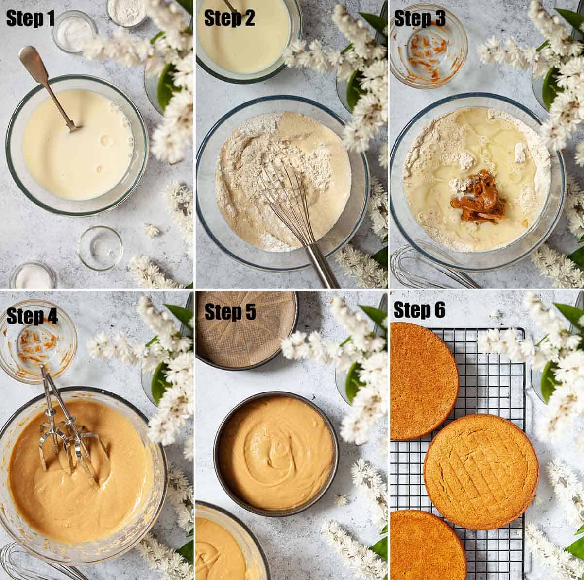 Collage of images showing cookie butter sponge cake being made