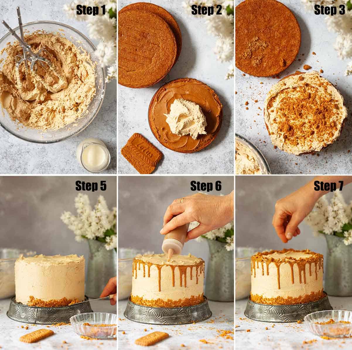 Collage of images showing a Biscoff layer cake being decorated