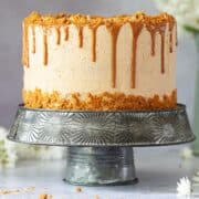 Vegan Biscoff drip cake on a stand.