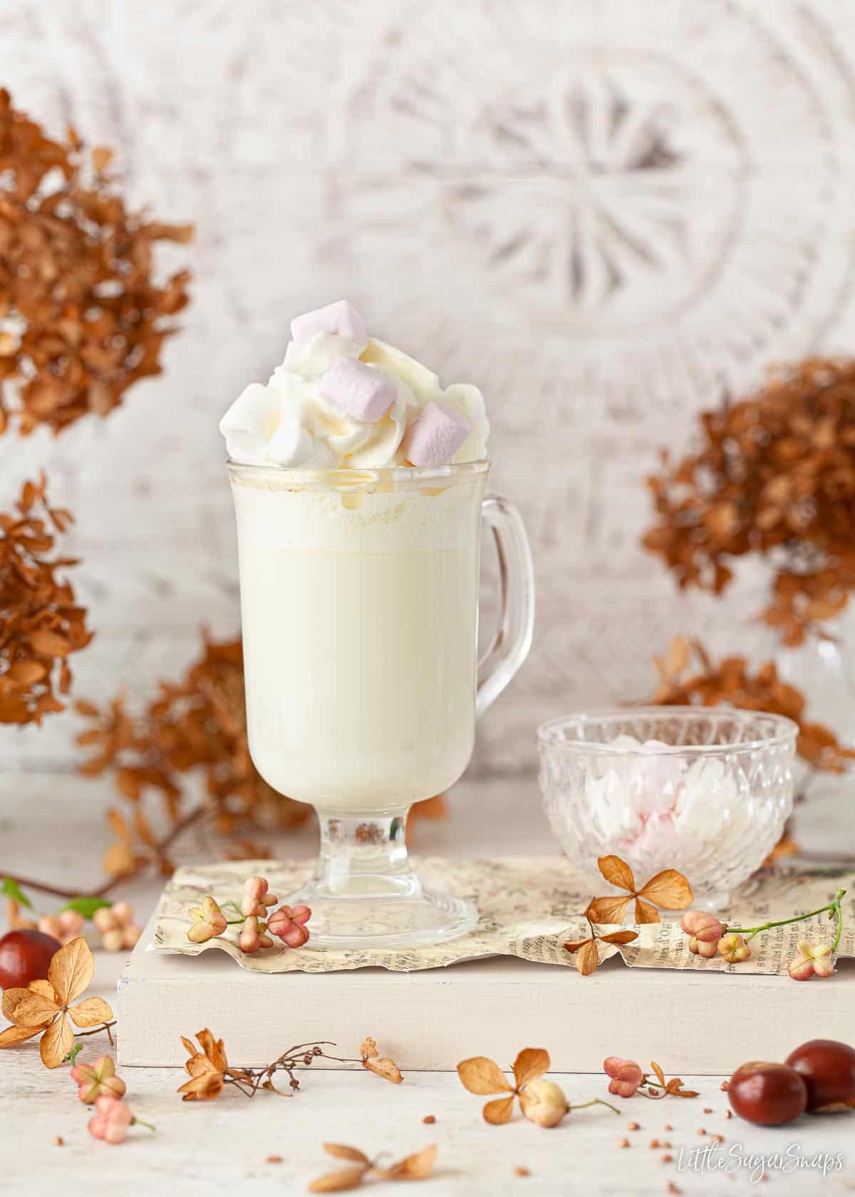 A stemmed glass holding a hot milky drink topped with cream and marshmallows