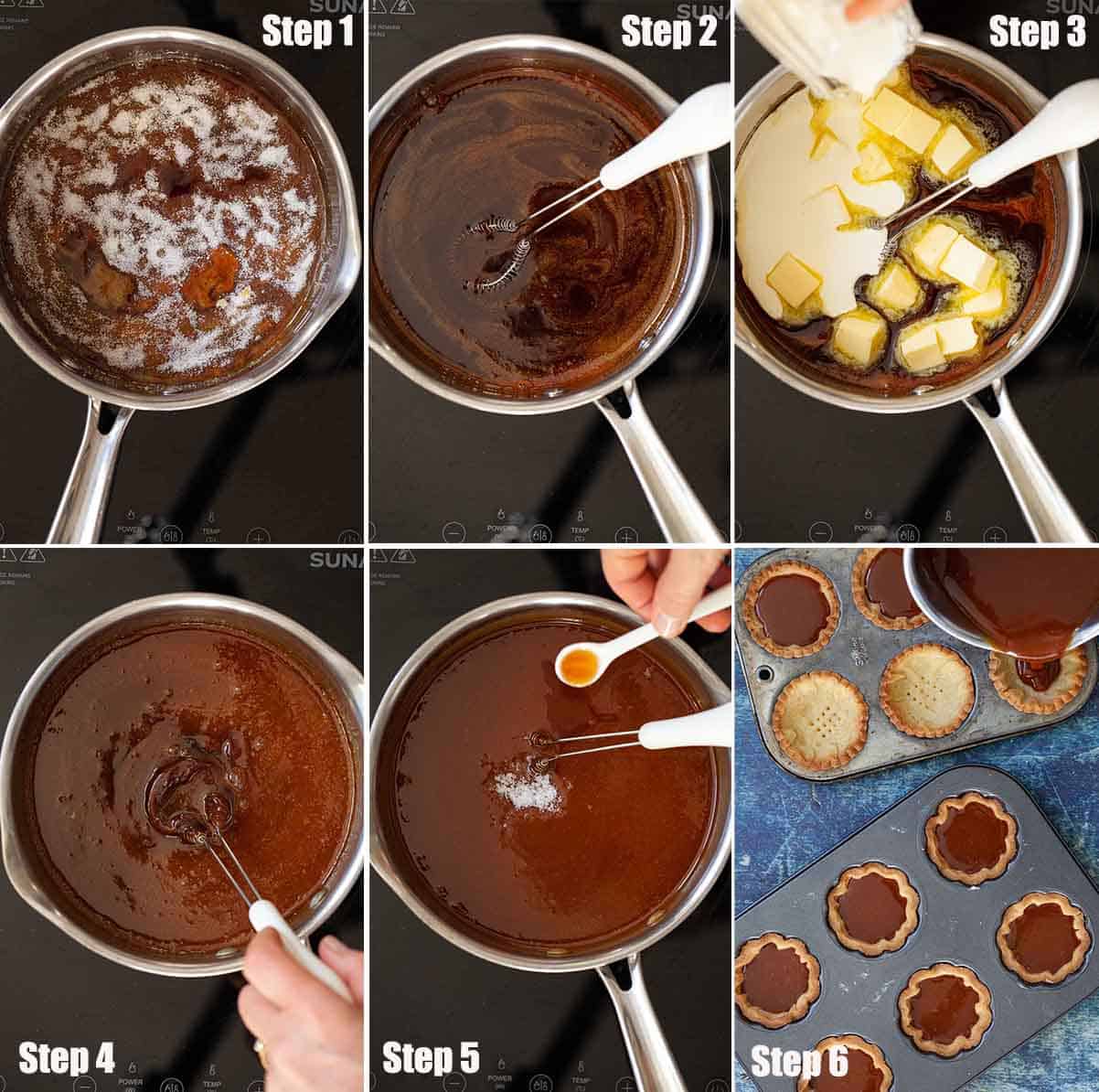 Collage of images showing caramel being made and used to fill pastry cases.