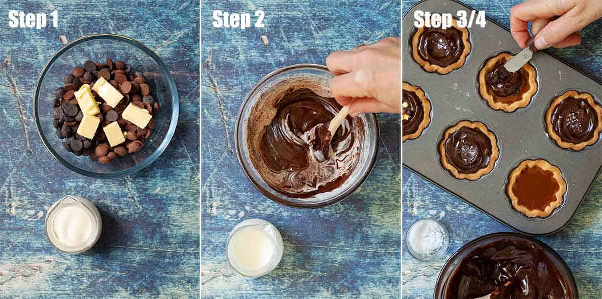 Collage of images showing chocolate ganache being made and used to top pastry cases.