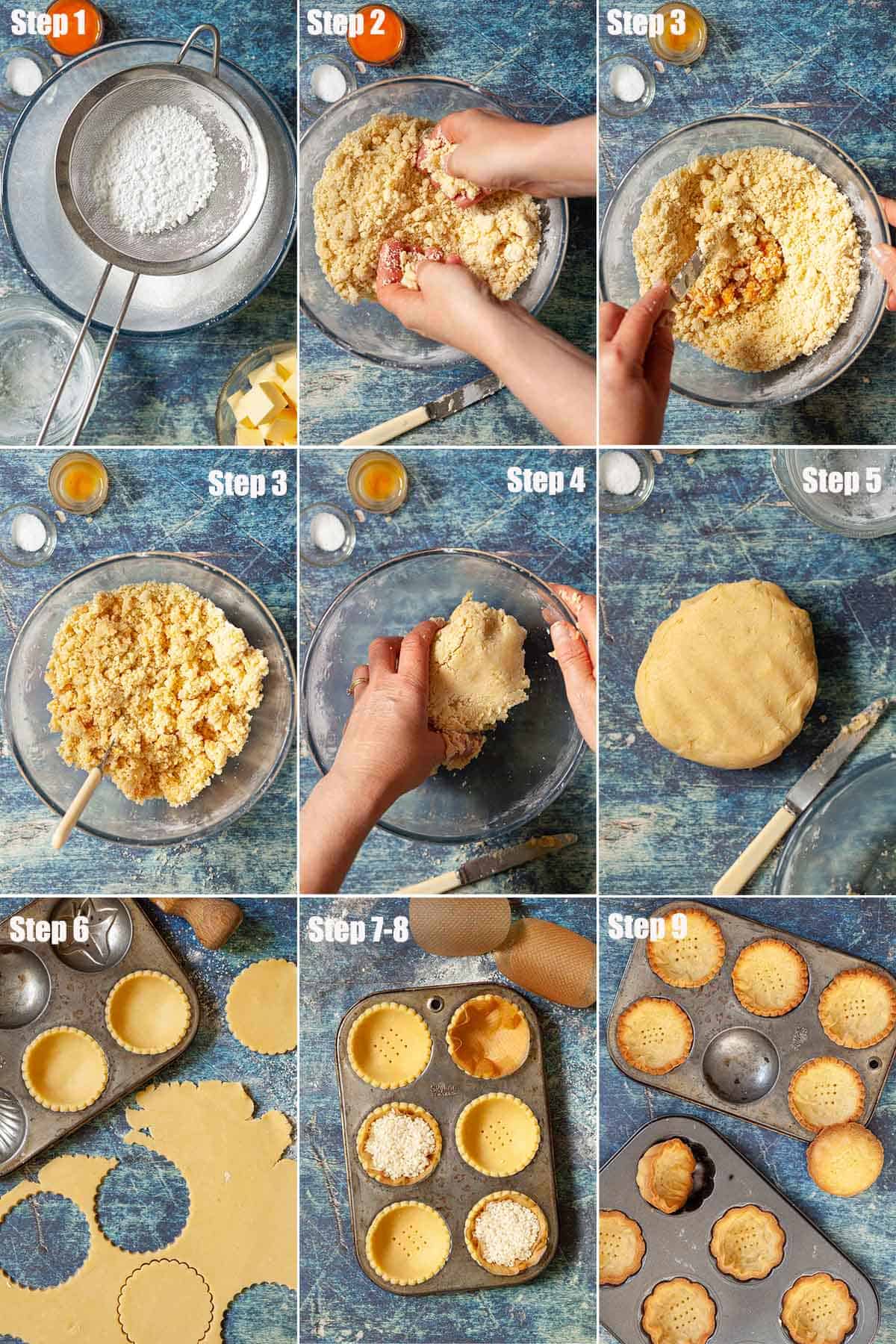 Collage of images showing pastry being made and used to make tart cases.