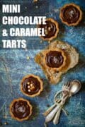 Various individual sized chocolate caramel tarts with text overlay.