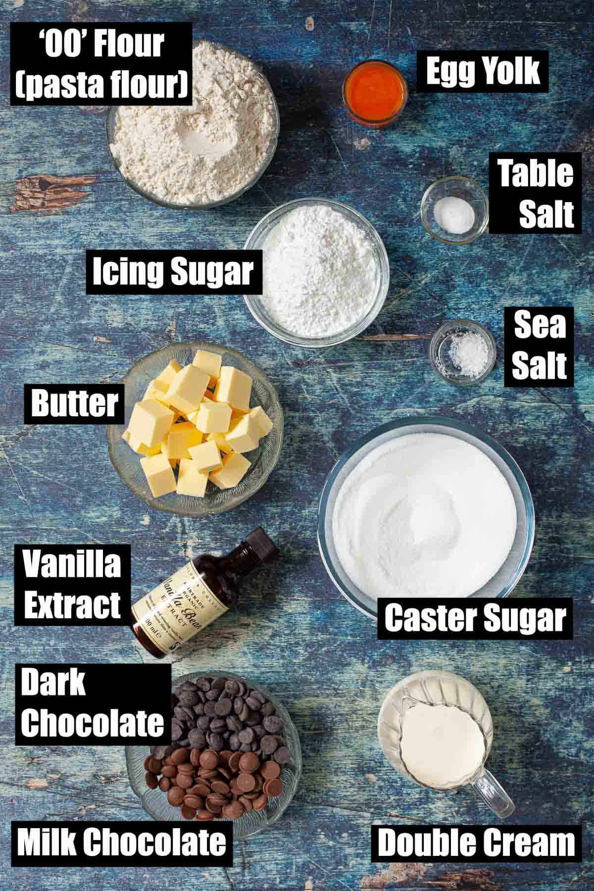 Ingredients in bowls with text overlay for dessert recipe.