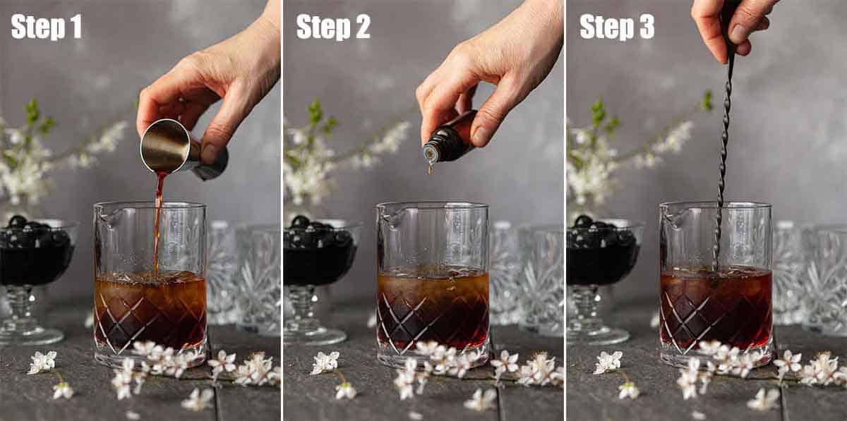 Collage of images showing an Averna cocktail being made