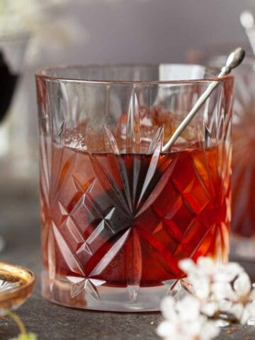 Close up of an amaro and bourbon cocktail.