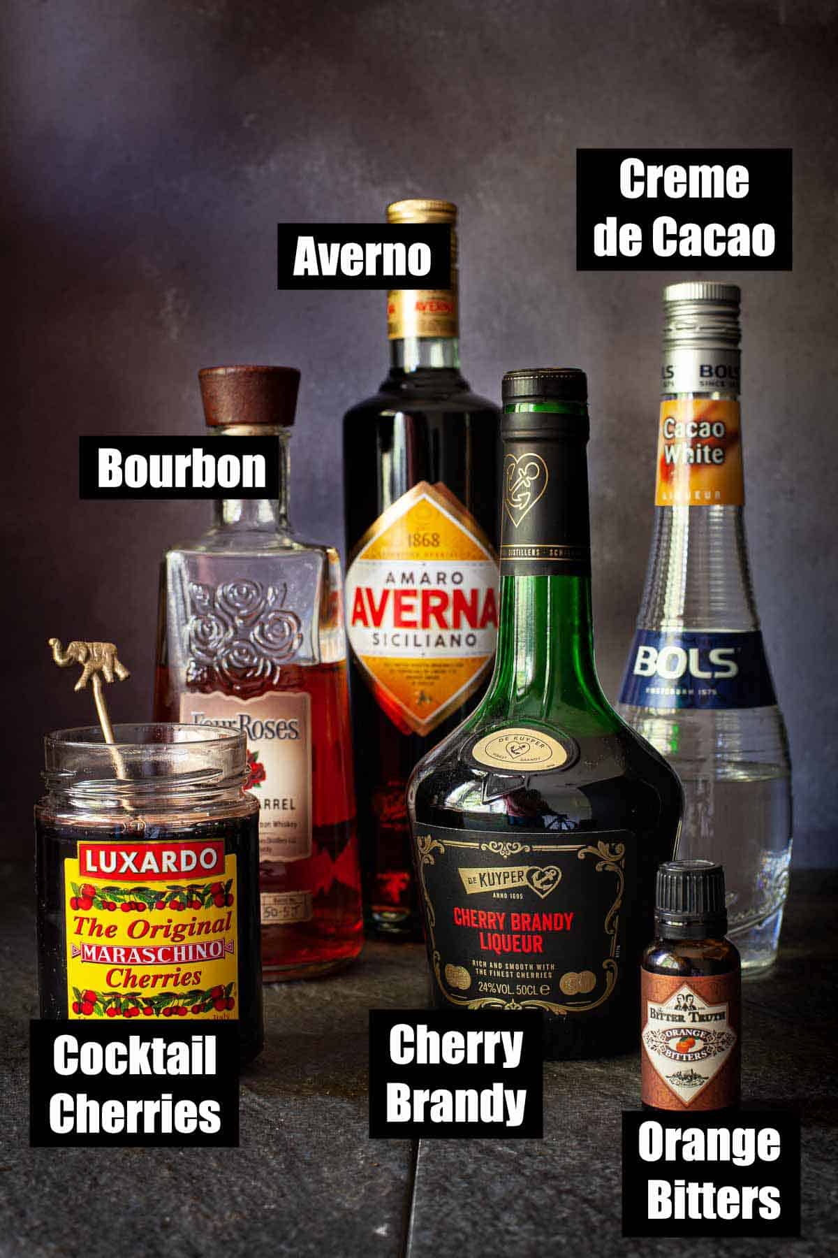 Ingredients with text overlay for an amaro Averna cocktail