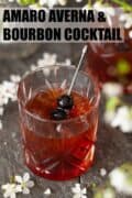 A cocktail made with bourbon whisky and amaro bitter garnished with cherries. With text overlay.