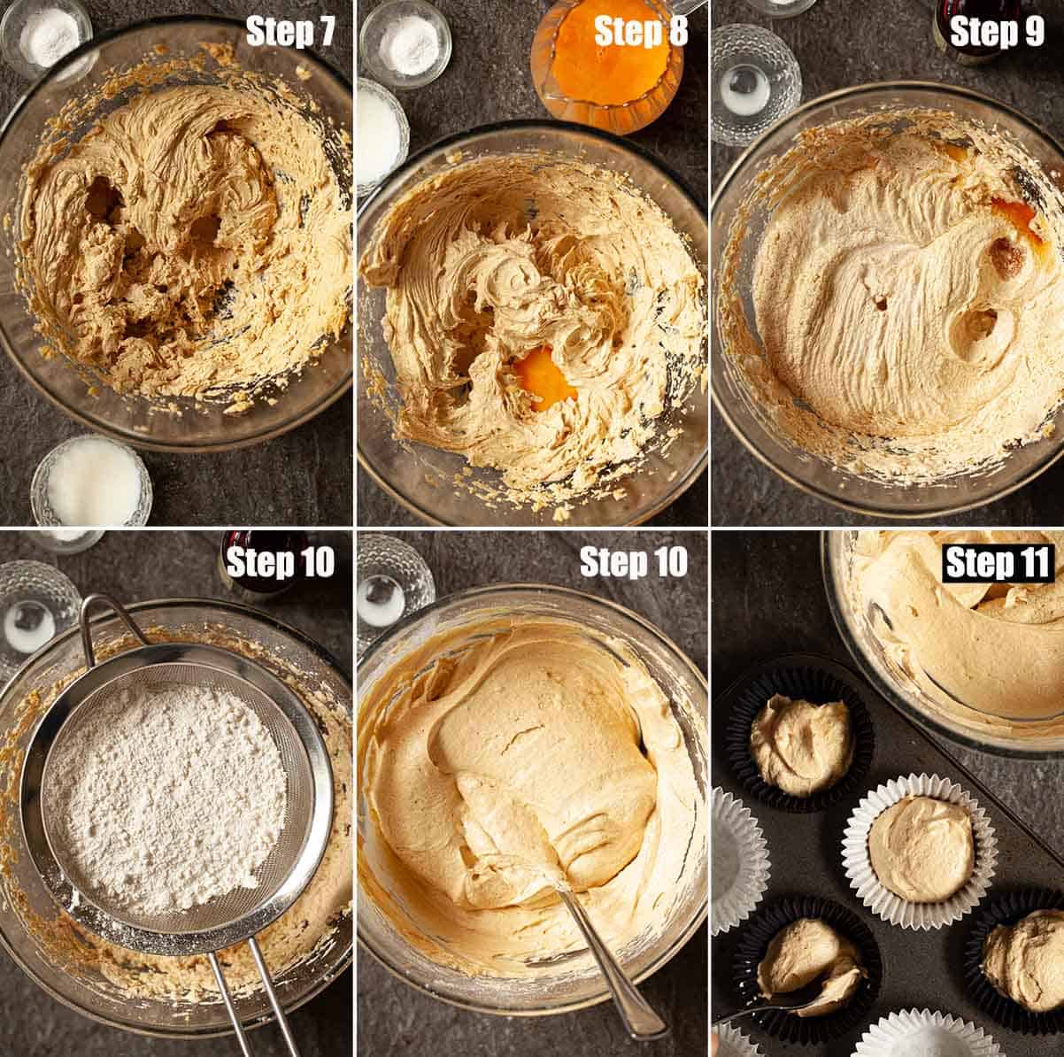 collage of images showing brown sugar cake batter being made