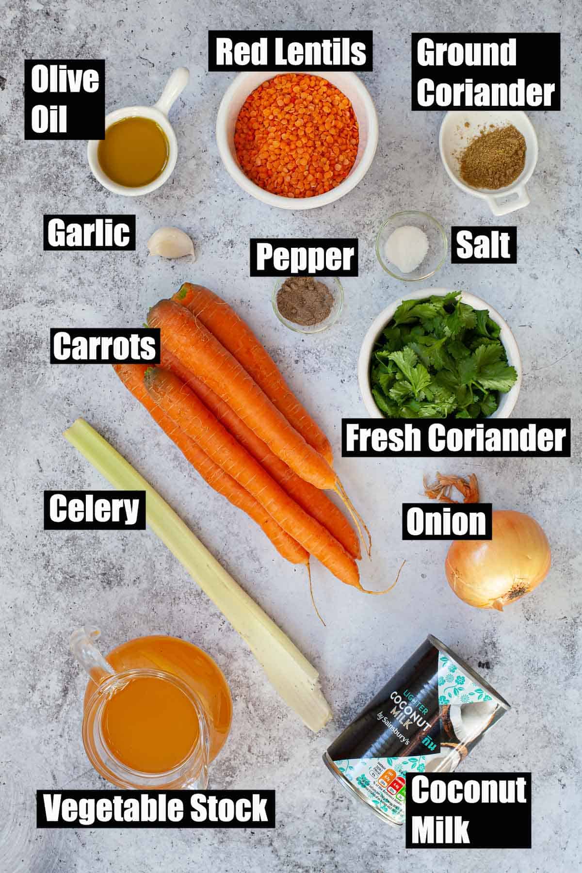 Ingredients for a vegetarian broth with text overlay
