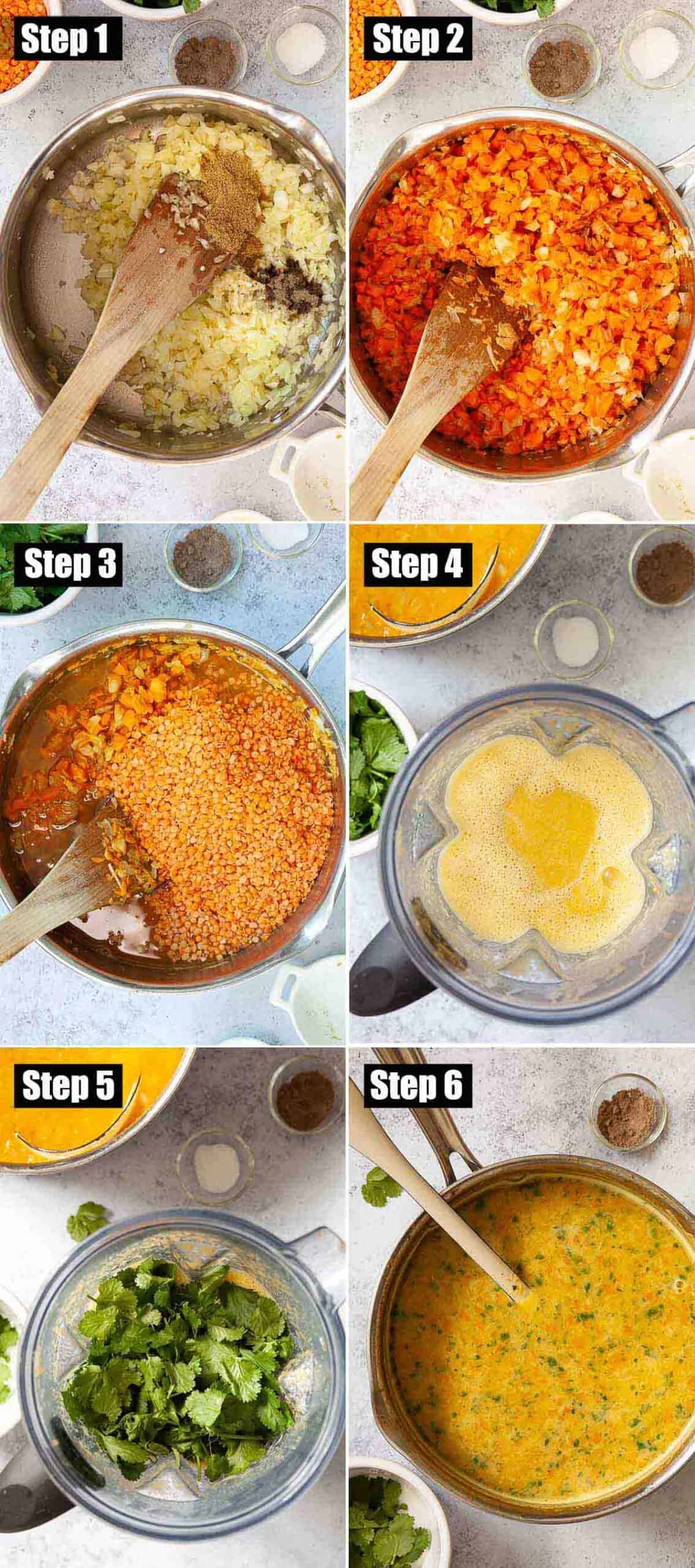 Collage of images showing carrot and lentil soup being made