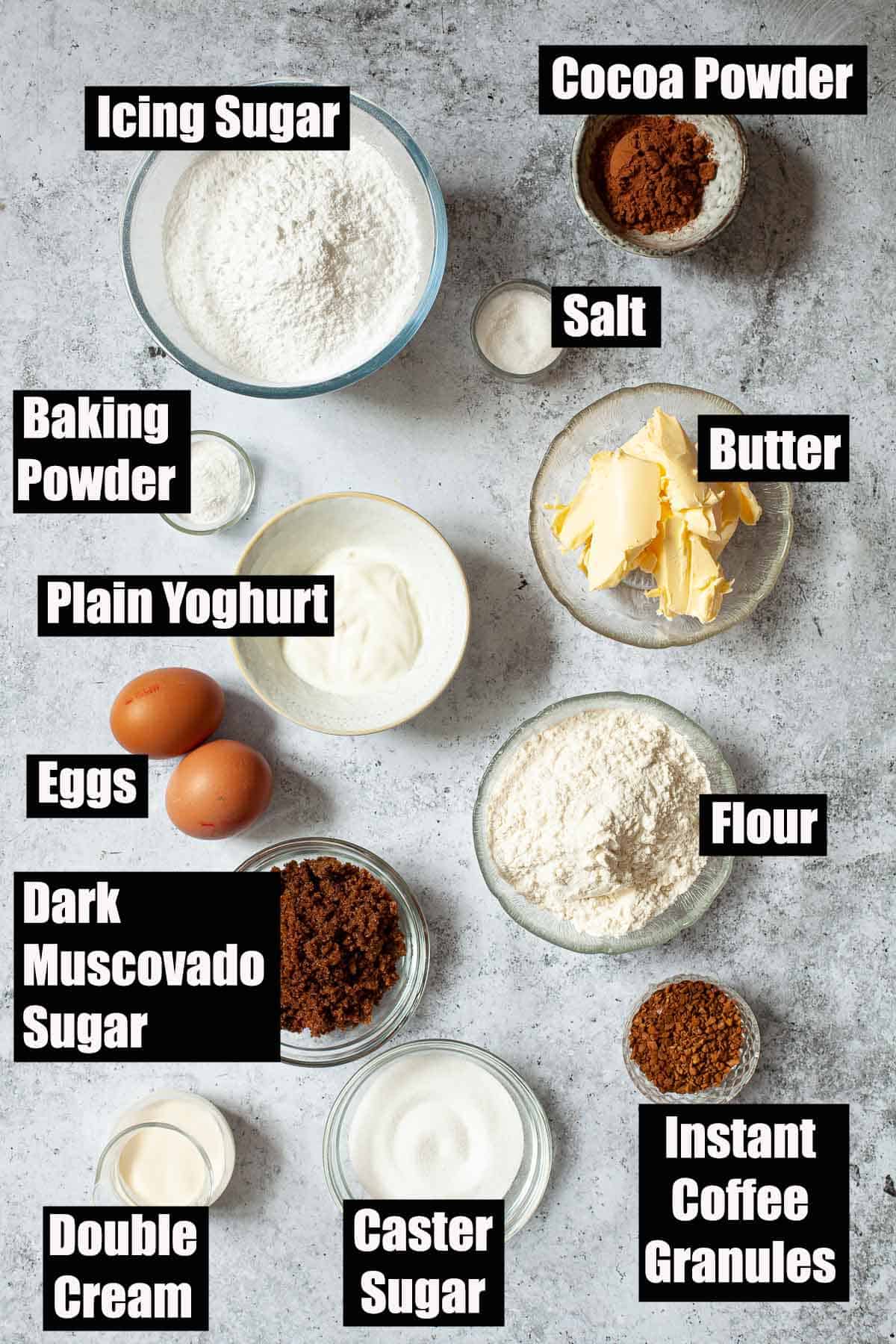Ingredients for coffee flavoured cakes.