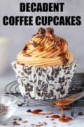 A coffee cupcake on a wire rack with caramel dripping off a knife alongside it with text overlay.