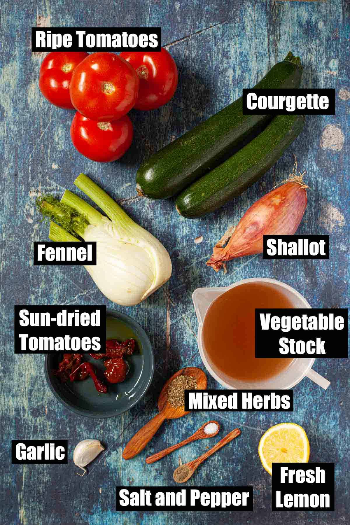 Ingredients for tomato and fennel soup with text overlay.